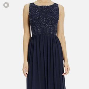 Adrianna Papell Navy Beaded Chiffon Gown